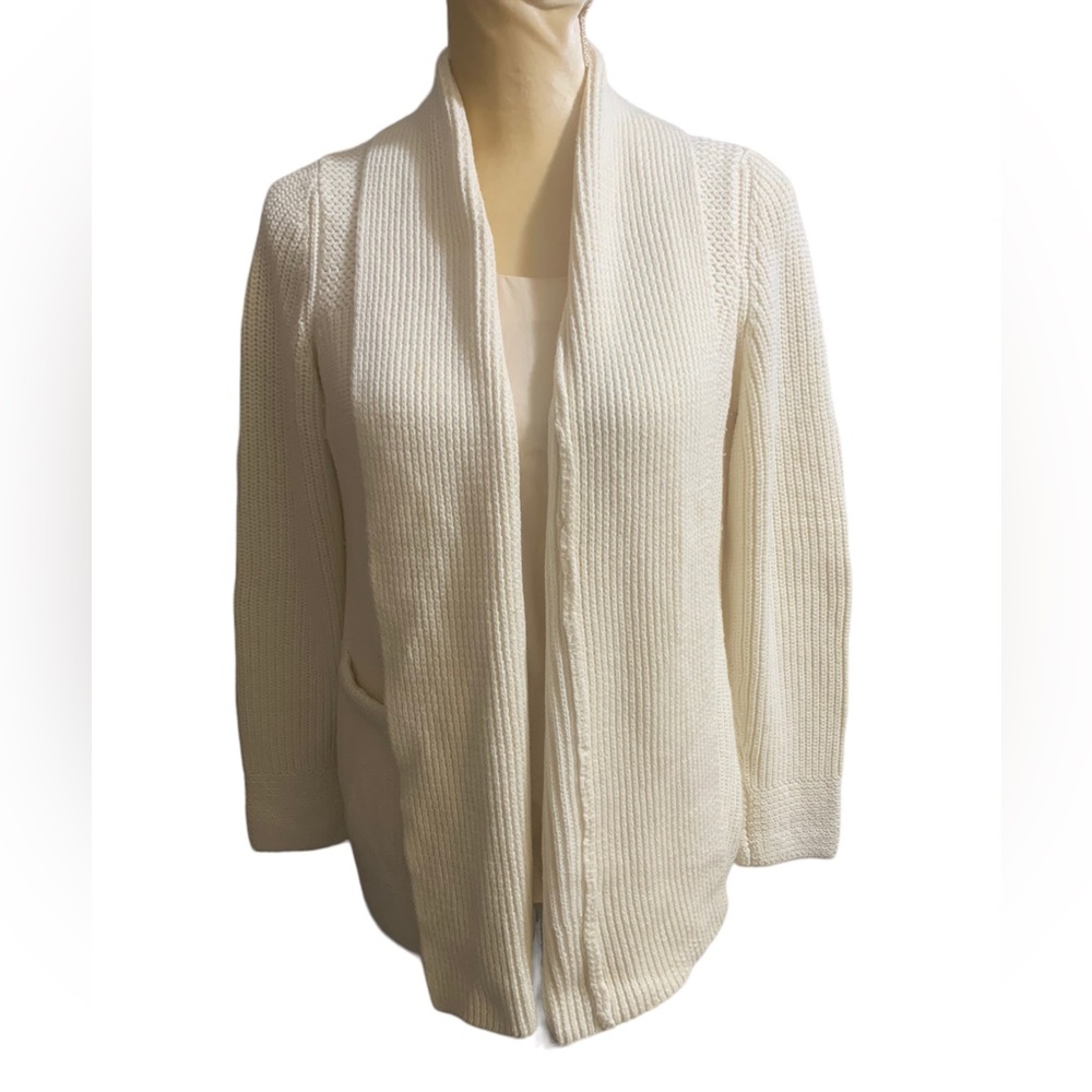 Talbots Open Cardigan L Petite White Long Sl Heavyweight Knit